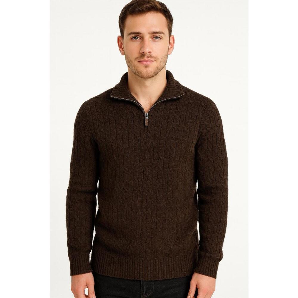 J.crew sweater mens medium M brown cable knit cashmere angora wool 1/4 zip fall